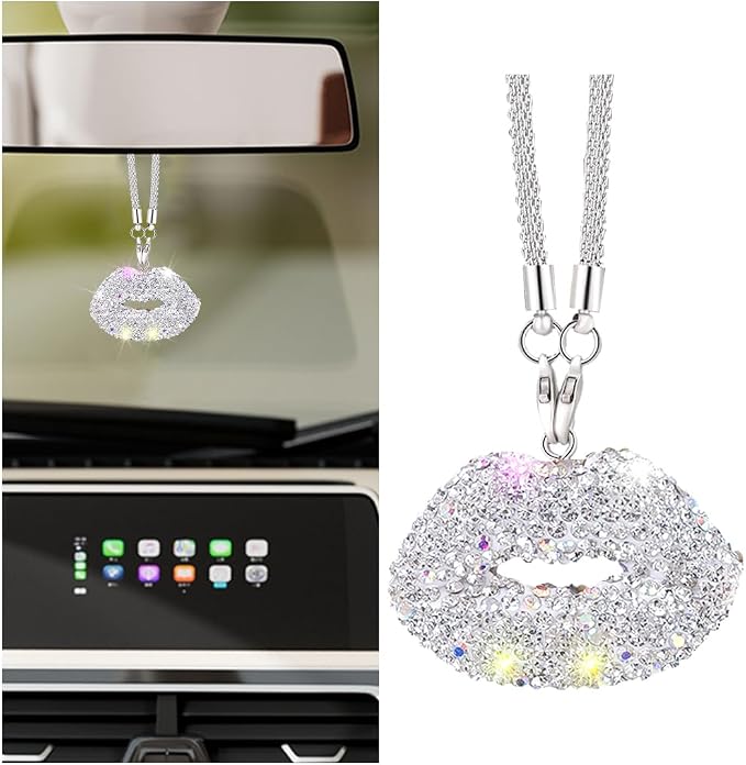 Bittwee Bling Lip Diamond Car Hanging, Crystal Rinestones Auto Rear View Mirror Charms Ornament, Lucky Vehicle Interior Pendant Decoration Accessories, Universal for SUV Sedan Truck(White)