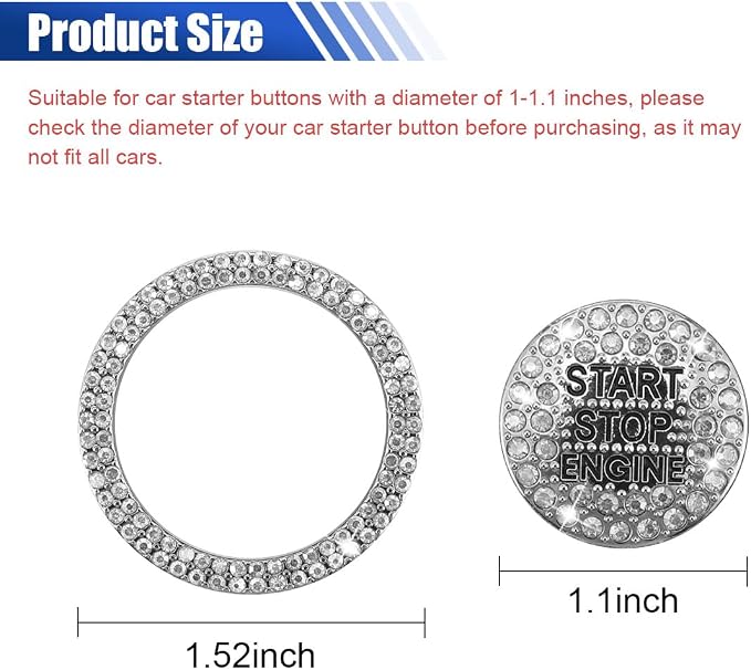 Bling Crystal Car Engine Start Ring Sticker, Sparkling Rhinestone Push Start Button Decorative Cover, Anti-Scratch Key Ignition & Knob Bling Ring Car Interior Accessories for Women (White)
