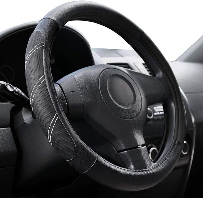 Elantrip Sport Leather Steering Wheel Cover 14 1/2 inch to 15 inch Universal, Padded Soft Grip Breathable for Car Truck SUV Jeep, Anti Slip Odorless Black