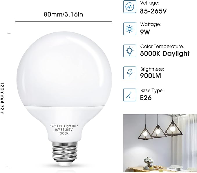 G25 9W LED Globe Bulbs 100W Equivalent Vanity Light Bulbs for Bathroom | 5000K Daylight White 900LM, E26 Base Round Makeup Mirror Bathroom Lights Bulb Décor Lighting, 4 Pack