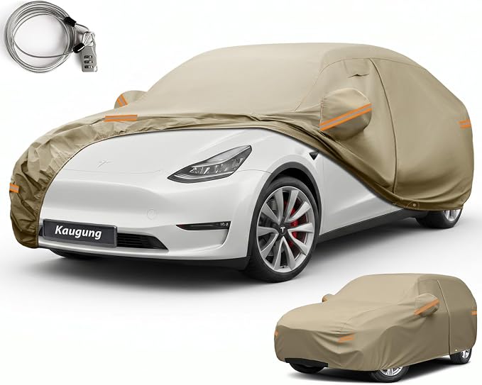 Kaugung Custom Fit Car Cover for Tesla Model Y (2020-2026), Heavy Duty All Weather Waterproof Outdoor SUV Cover, Sun Rain UV Protection with Driver Door Zipper, Mirror Pockets, Vents & Charging Port