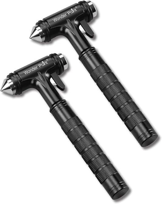 Car Window Breaker, Automotive Safety Hammer with Seatbelt Cutter, 3-in-1 Emergecy Escape Tool Car Metal Window Breaker Seatbelt Cutter, Aluminium Alloy Glass Breaker Hammer(Black 2Pack)