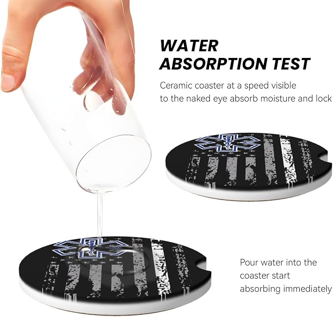 Thin White Line EMS Paramedic American Flag Absorbent Ceramic Car Coasters 2 Pack Insert Cupholder Coaster Car Cup Holder Mat with Finger Notch Anti-Slip Cork Base Drink Coasters 2.56 in