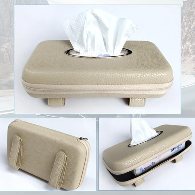 Car Sun Visor Tissue Holder, Leather Stylish Vehicle Visor Backseat Napkin Organizer Box with Zipper, Auto Interior Sunvisor Paper Towel Mask Dispenser Case, Universal for SUV Van RV (Beige)