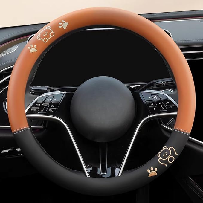 15 Inches Universal Round Leather Car Steering Wheel Cover, Cute Bear Soft Breathable Non-Slip Steering Wheel Protector Wrap (Chocolate)