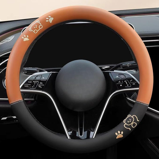 15 Inches Universal Round Leather Car Steering Wheel Cover, Cute Bear Soft Breathable Non-Slip Steering Wheel Protector Wrap (Chocolate)