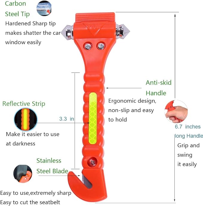 4PCS GoDeCho Car Emergency Window Breaker and Seat Belt Cutter Hammer Tool | with Light Reflective Tape,with Protective Bracket, for Driver Gift