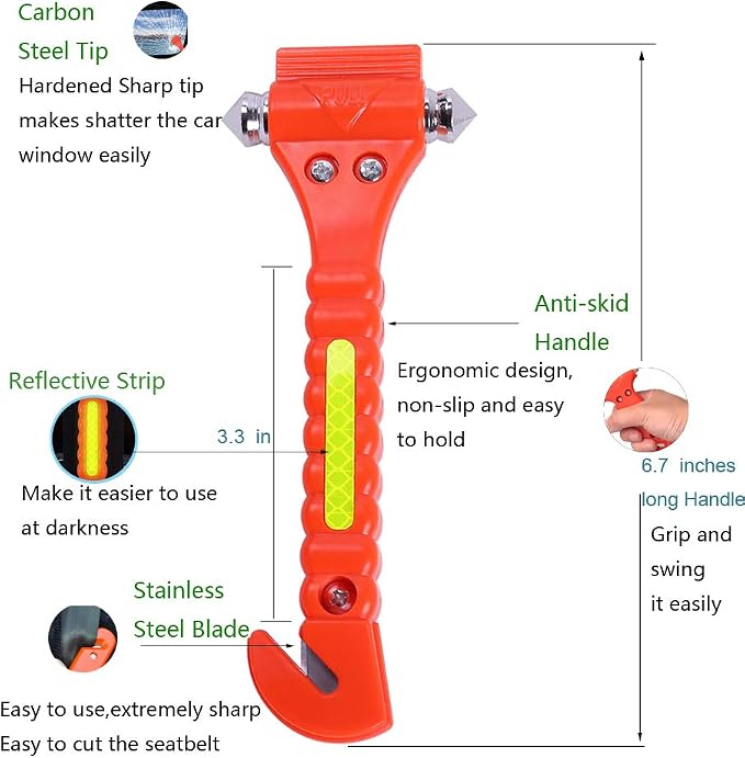 2PCS Car Safety Hammer Emergency with Seat Belt Cutter and Vehicle Window Glass Breaker | for Escape Tool with Reflective Tape
