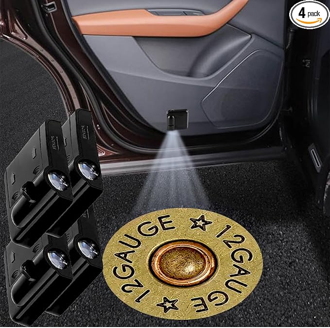4PCS Car Door Lights,12 Gauge Bullet Shaped Brass Door Lights Logo Projector LED Shadow Welcome Lamp,Cool Car Accessories Gifts for Men Women,Suitable for All Vehicles Motorcycle Bike