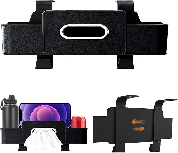 3-in-1 Car Backseat Organizer, 3-in-1 Car Headrest Backseat Organizer, Multifunctional Car Back Seat Storage with 2 Cup Holders & Hooks, Universal Cars Seat Organizer Tissue Box and Storage (Black)