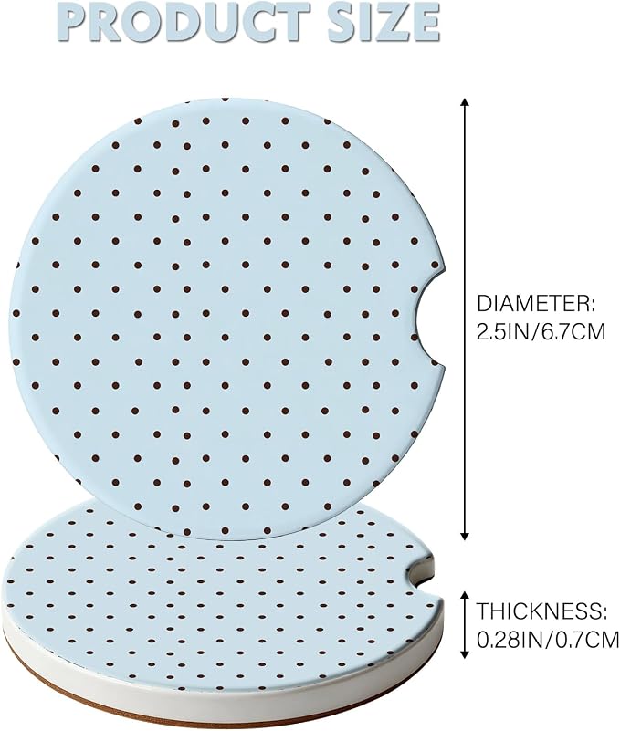 2 Pack Car Coasters for Cup Holders, Absorbent Ceramic Cup Coaster with Cork Base and Finger Notch, Cute Car Accessories Interior for Women Men (Blue Polka Dots)