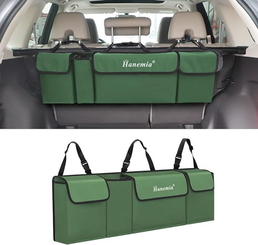Car Trunk Organizer and Storage, Backseat Hanging Organizer for SUV, Truck, MPV, Waterproof, Collapsible Cargo Storage Bag with 4 Pockets, Car Accessories for Men and Women (Army Green) | 38.19x4.72x12.59 Inch, Universal fit, most SUVs/MPVs/Vans, Oxfor...