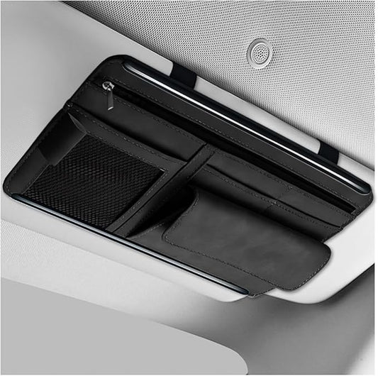 Car Sun Visor Organizer, Leather Sun Visor Pocket Organizer Case with Multi-Pocket Net Zipper, Suede Note Holder Car Visor Storage Pouch for Card Pen Sunglasses Document (Black)