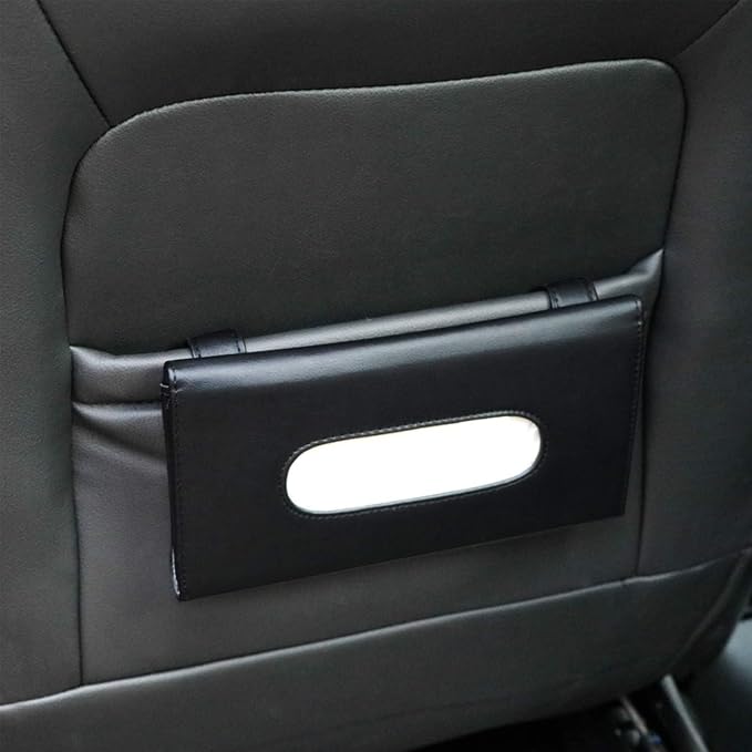 9.1 × 4.7 x 1.5 Car Tissue Holder — PU Leather Sun Visor Tissue Holder for Car with Ergonomic Take-Out Port, Universal Fit — Refillable Napkin Storage with Metal Clip Mount, Quick Install in Seconds