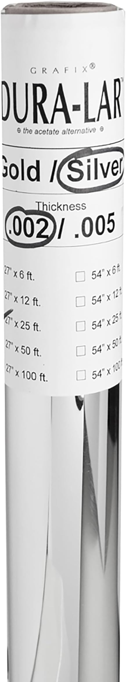 Grafix Dura-Lar 0.002" Film, Silver 27" x25', Opaque Silver Dura-Lar is a Polyester Film with an Aluminum Coating on the Surface. Creates the Perfect Mirror-Like Finish.