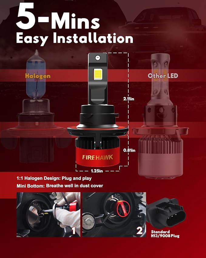 Firehawk H13/9008 Bulbs 70000LM Pure White 6000K Plug & Play IP68 Waterproof Fog Light, Pack of 2