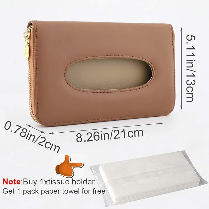 Sun Visor Tissue Holder, PU Leather Backseat Napkin Case for Car Vehicle with Zipper (Brown)