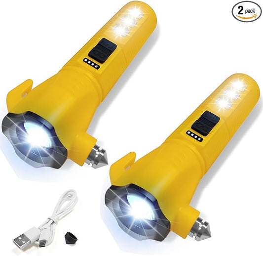 Emergency Car Flashlight - 2000 Lumen Dual Light 4-Level Battery Indicator Window Breaker & Seatbelt Cutter USB Rechargeable Ultra-Light 108g Car Emergency Too (2pcs-Dark Yellow)