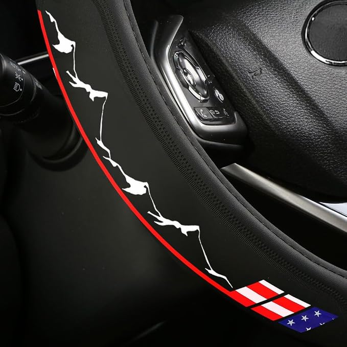 Premium Leather American Flag USA Steering Wheel Cover Universal 14.5-15inch Compatible with Car Truck SUV