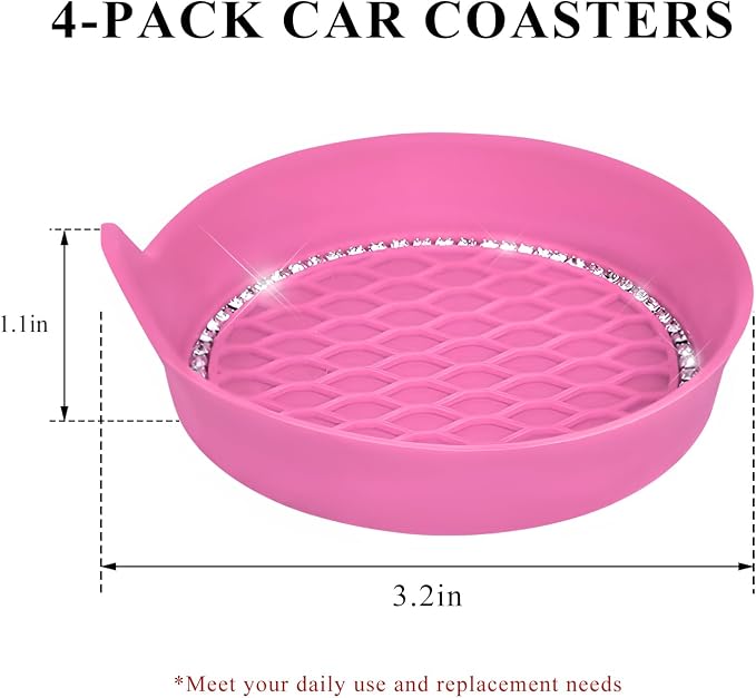 Sun Walker 4 PCS Bling Car Cup Holder Coaster, Non Slip Sparkly Rhinestone Cup Holder Pad Insert Coaster, Shockproof Silicone Shiny Embedded Drink Mat Interior Decor for Most Vehicles (Pink)