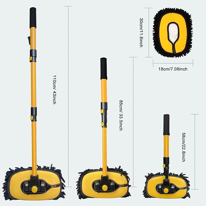 YeewayVeh Car Wash Brush with Long Handle, Microfiber Car Wash Mop with Replaceable Chenille Brush Head, Soft Cleaning Brush with 15° Curved Extension Pole Car Wash Kit for RV Truck Camper, Yellow | Extra Replaceable Chenille Head, 15° Curved Extension...