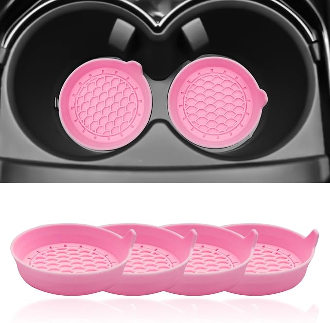 4-Pack Universal Cup Holder Coasters, Black Silicone Inserts - Keep Your Car Clean with Non-Slip & Spill-Proof Coasters for All Vehicles (Pink)