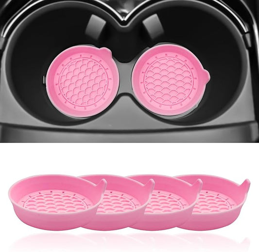 4-Pack Universal Cup Holder Coasters, Black Silicone Inserts - Keep Your Car Clean with Non-Slip & Spill-Proof Coasters for All Vehicles (Pink)