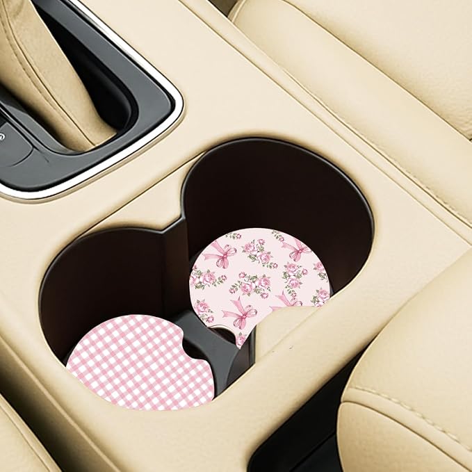 Ceramic Car Coasters – Absorbent Car Cup Holder Coaster Set for Women, Cute Aesthetic Car Accessories for Girls, 2 Pack (Fuchsia)
