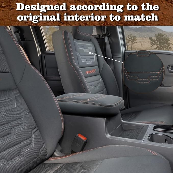 Muslogy Center Console Armrest Cover Fit for Nissan Frontier 2022-2025 2026 Accessories, Comfort Armrest Pad Console Lid Cushion Protector Vegan Leather Regular Thick (V2 Orange Trim)