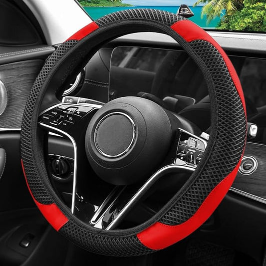 Elastic Stretch Steering Wheel Cover, Warm in Winter and Cool in Summer, Universal 15 inch Microfiber Breathable Ice Silk Anti Slip Car Interior Accessories, Odorless, (Black Red)