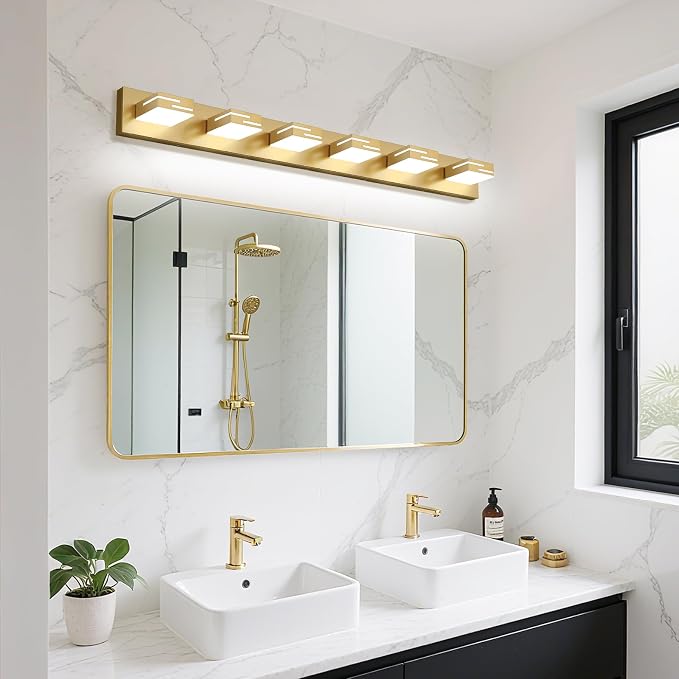 LED Modern Bathroom Vanity Light Fixtures, Dimmable Gold Vanity Lights for Bathroom Lighting Fixtures Over Mirror, with 360° Rotatable Heads 6-Light 42-inch (Cool White 6000K)