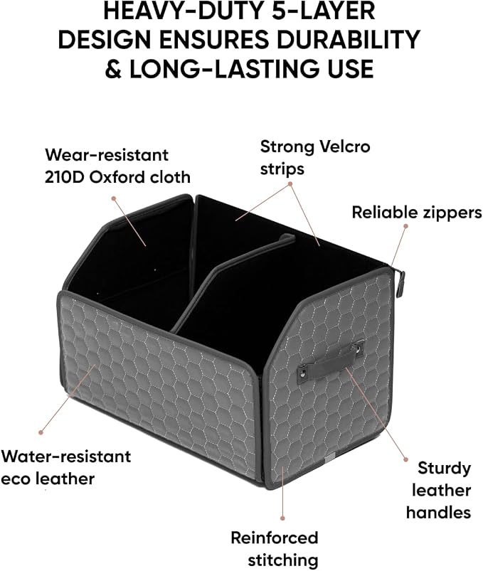 Owleys Foldable Trunk Organizer For Car - Trunk Organizers Car Storage - Collapsible Auto Trunk Organizer With Lid - Small And Large Cargo Organizer - Trunk Organization (Gray 21)