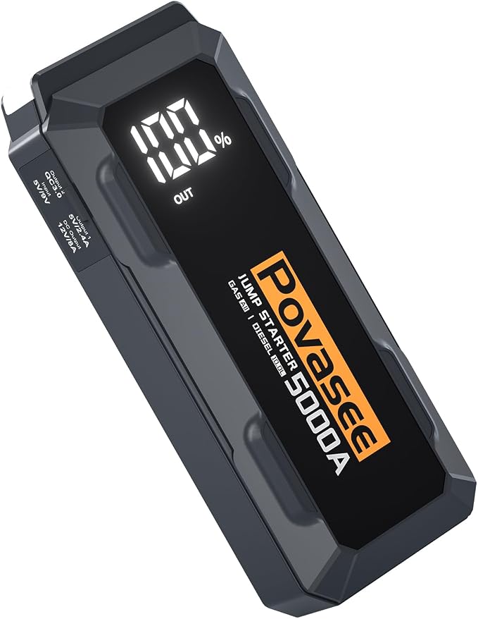 Povasee Car Battery Jump Starter 5000A Jump Box (All Gas/10L Diesel) Portable Car Jump Starter Battery Pack, 12V Jumper Starter Portable 3" LCD Display/Power Bank/Dual Output/LED Light DC