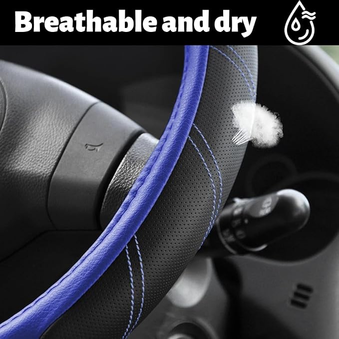 Car Steering Wheel Cover, 15 Inch Leather Breathable Auto Wheel Protection Cover with Non-Slip Lining, Padded Soft Grip Vehicle Steering Protector, Universal Fit (Black/Blue)