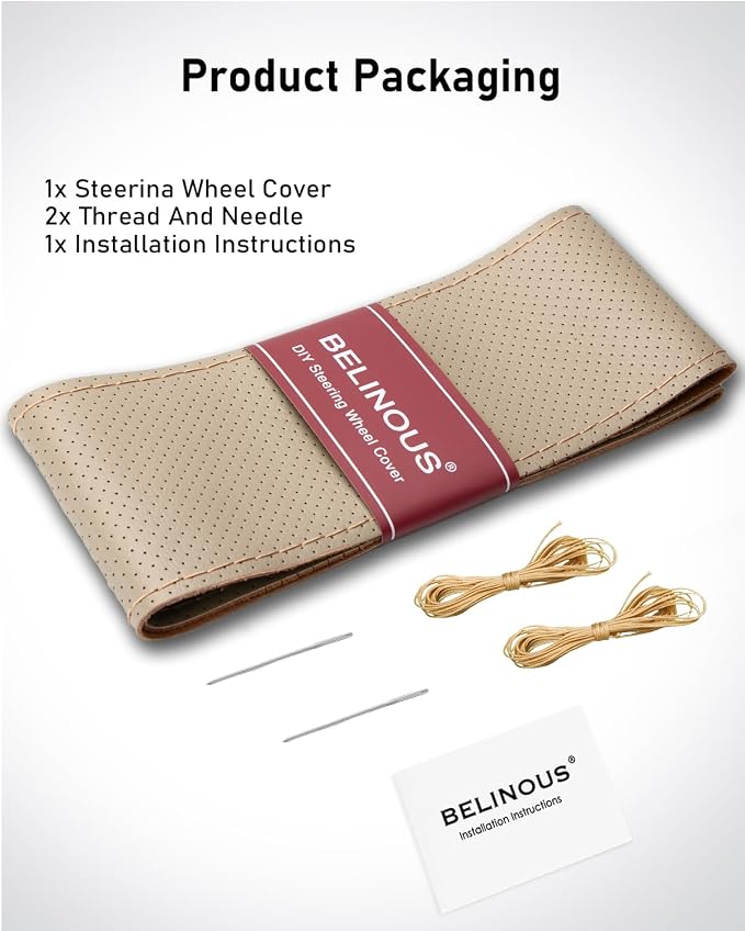 Belinous Perforated Leather Car Steering Wheel Cover (Size L5, Light Beige) | Stitch On Wrap, Universal fit 13-20 Inch, Whole Piece of Cowhide, DIY w/Needle Thread, Breathable Anti-Slip Design