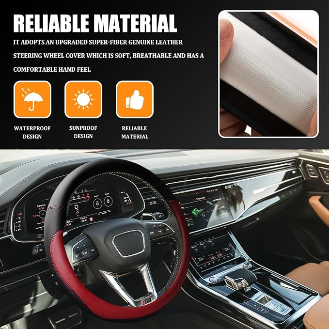 Car Steering Wheel Cover, 15 Inch Napa Leather Car Steering Wheel Protector, Slip-Resistant Elastic Steering Wheel Handle Cover, Universal Interior Accessories for Cars Trucks SUVs (Wine Red)