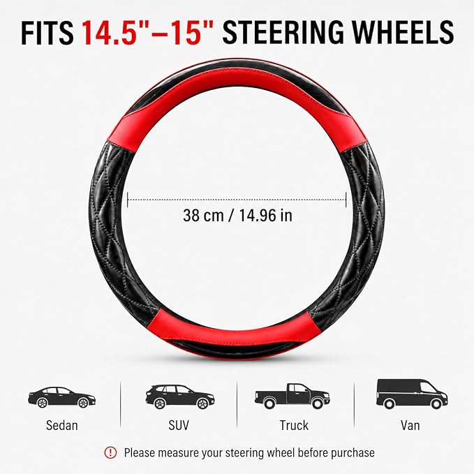 Couslcd 14.5-15 Inch Leather Steering Wheel Cover with Soft Padded Lining, Anti-Slip Comfort Grip, Universal Steering Wheel Protector for Most Cars, SUVs, Trucks (Red)