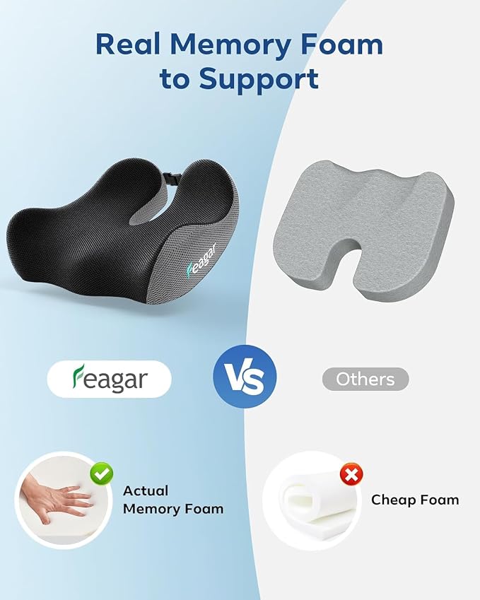 Feagar Seat Cushion for Office Chair - Memory Foam Tailbone Cushion for Desk Chair, Car Seat and Wheelchair - Ergonomic Chair Pad for Hip and Lower Back Comfort Gray | Seat Cushion for Tailbone Pain Relief - for Desk Chair, Car& Wheelchair Car Seat Pad...