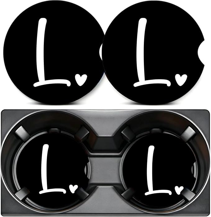 2PCS Letter L Car Cup Holder Coasters,Simple Initial Car Coasters Cars Accessories Interior Decor Universal Neoprene 2.75" Anti-Slip Rubber Mat with Finger Slot,Monogram Gifts for Women, Men, Driver