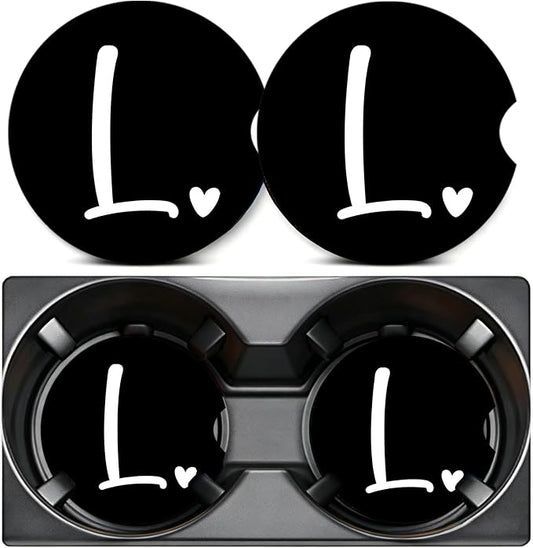 2PCS Letter L Car Cup Holder Coasters,Simple Initial Car Coasters Cars Accessories Interior Decor Universal Neoprene 2.75" Anti-Slip Rubber Mat with Finger Slot,Monogram Gifts for Women, Men, Driver