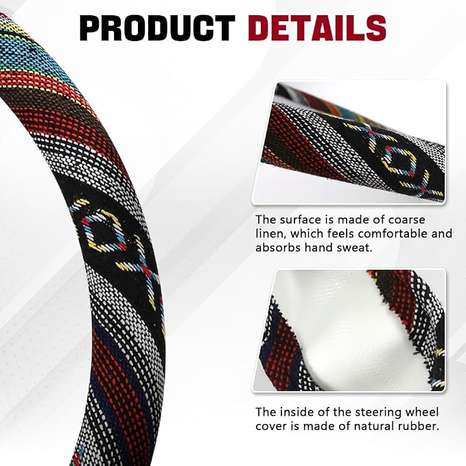 Boho Steering Wheel Cover, Ethnic Style Car Steering Wheel Cover Protector, Anti-Slip Flax Cloth Cover Universal Fits 14.5-15 Inch Steering Wheel, Interior Car Accessories(D Style)