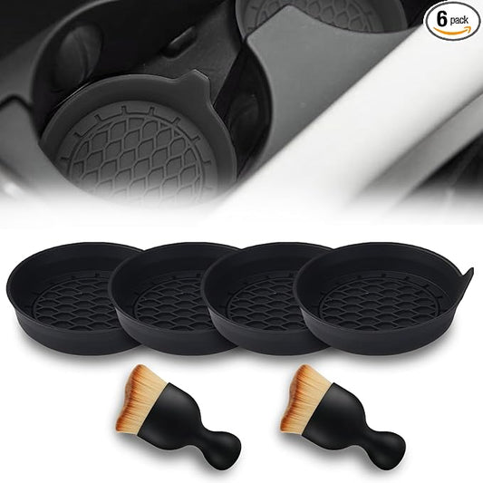 Car Cup Coasters, Silicone Cup Holder Insert (4 Pack) with Soft Bristle Cleaning Brush (2 Pack), Non-Slip Honeycomb Spill Guard Car Interior Accessories, Universal for SUV, Sedan, Truck (Black)