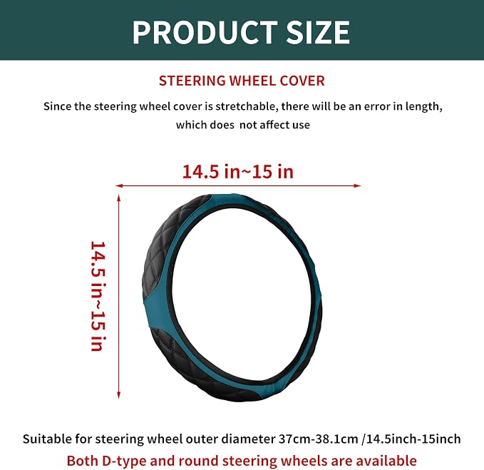 15 Inch Leather Steering Wheel Cover, Automotive Accessories Breathable Anti-Slip Elastic Soft Wheel Protector, Fit for Most SUVs Trucks and RVs (Dark Green)