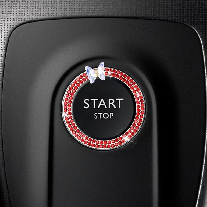 Bling Butterfly Car Engine Push Start Button Ring Sticker (Red) | Crystal Rhinestone Auto Key Ignition Knob Ring Emblem, Sparkling Auto Interior Decoration Accessories for Women