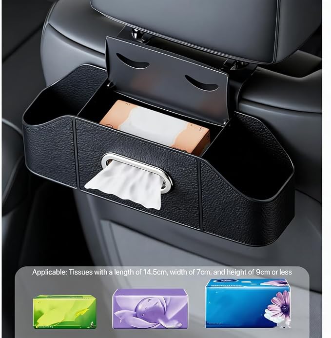 2 Pack 4-in-1 Car Backseat Organizer, PU Leather Headrest Storage Box with Tissue Holder, Dual Cup Holders, Phone Stand & Hooks, Universal Fit for Most Cars, Road Trip Essentials (Black)