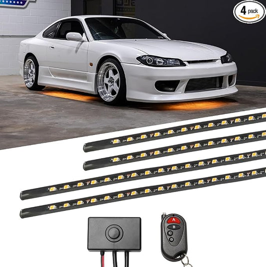 LEDGlow 4pc Orange Slimline LED Car Flexible Underglow Lighting Kit | Neon Accent Lights Include Flex Underbody Tubes, Solid Color Illumination, 4 Modes, Control Box & Remote