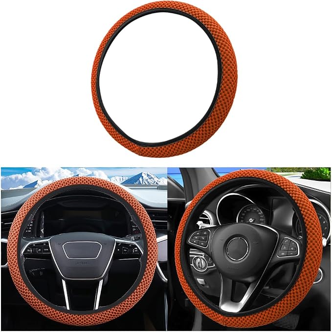 Car Elastic Stretch Steering Wheel Cover, 14.5-15" Breathable Ice Silk Anti-Slip Vehicle Steering Wheel Protector, Comfy Auto Interior Protection Accessories, Universal Fit (Orange)