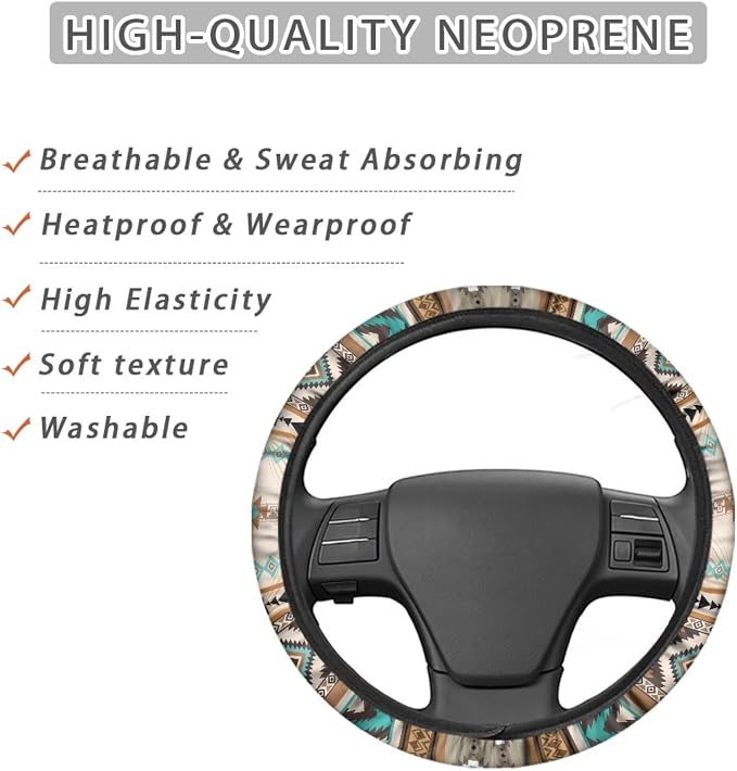 Wanyint Southwest Aztec Beige Blue Car Steering Wheel Cover Universal 15 Inch Auto Accessories Car Interior Decoration for Women Men Fit SUV Sedans Vans Trucks