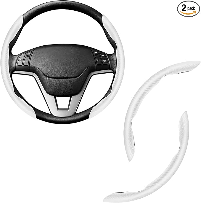 Amiss 2pcs Carbon Fiber Anti-Skid Steering Wheel Cover, Waterproof & Segmented Butterfly Design, Universal 99% Vehicle Wheel Cover Protector, Car Interior Accessories (White-2pcs)