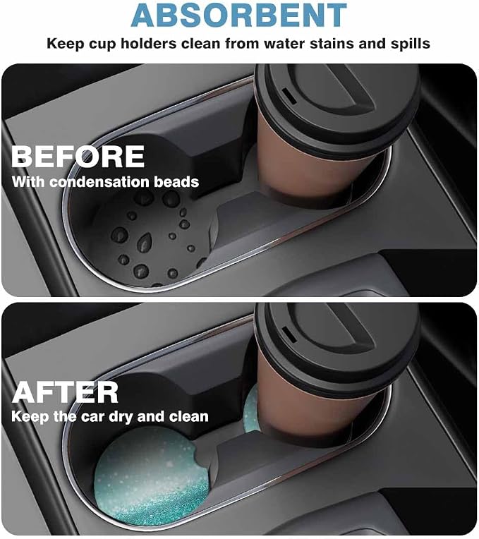 Teal Sparkle 2 Pack Car Cup Holder Coaster Anti Slip Insert Absorbent Ceramic Car Coaster with Cork Base and Finger Notch Cute Car Accessories Interior for Women Men